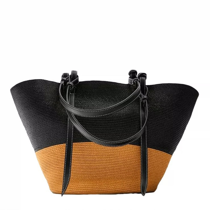 Tan/black Leather Mesh And Straw Bucket Bag